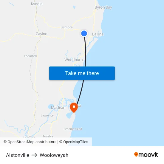 Alstonville to Wooloweyah map