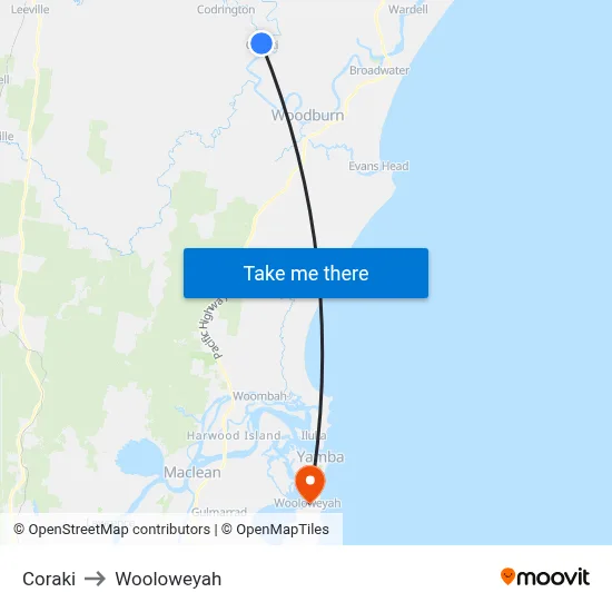 Coraki to Wooloweyah map