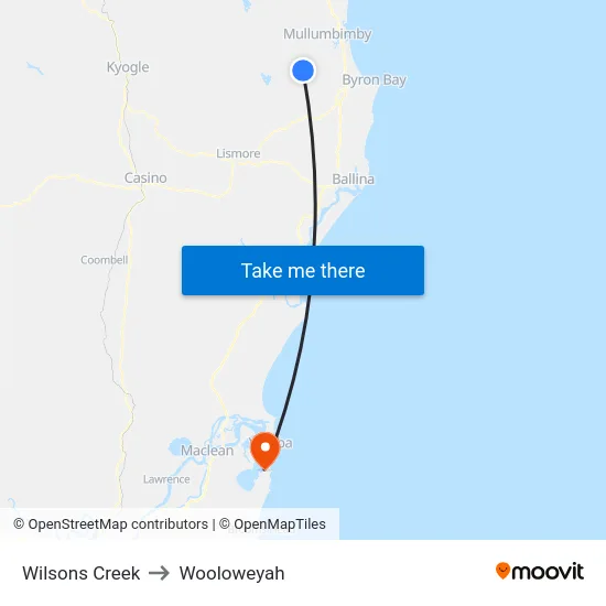 Wilsons Creek to Wooloweyah map