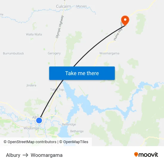 Albury to Woomargama map