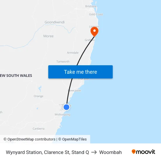 Wynyard Station, Clarence St, Stand Q to Woombah map
