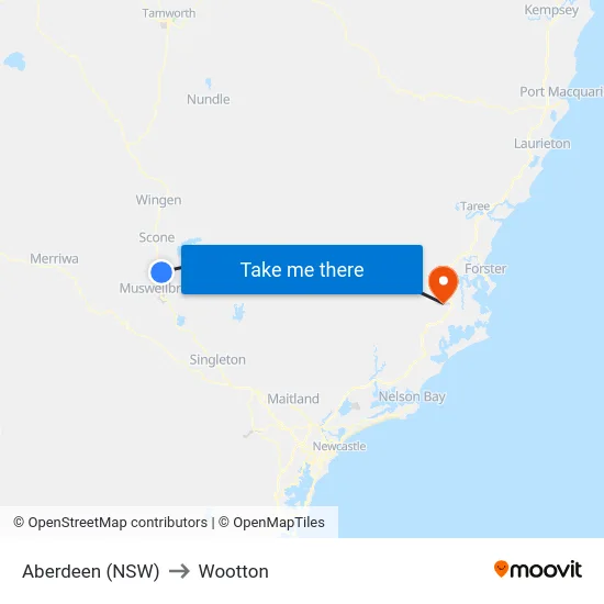 Aberdeen (NSW) to Wootton map