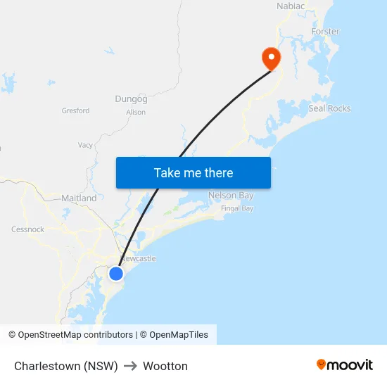 Charlestown (NSW) to Wootton map