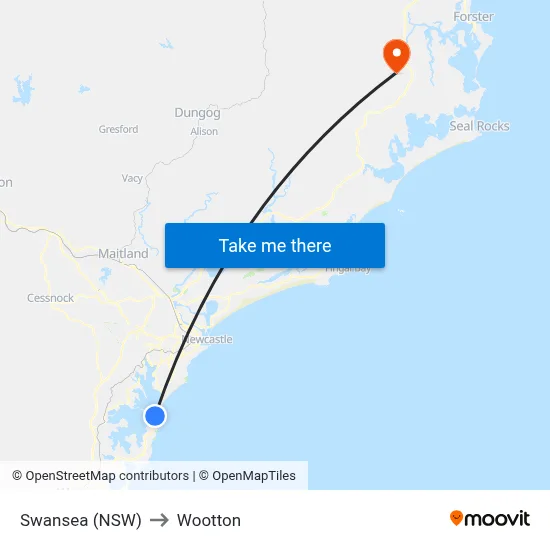 Swansea (NSW) to Wootton map