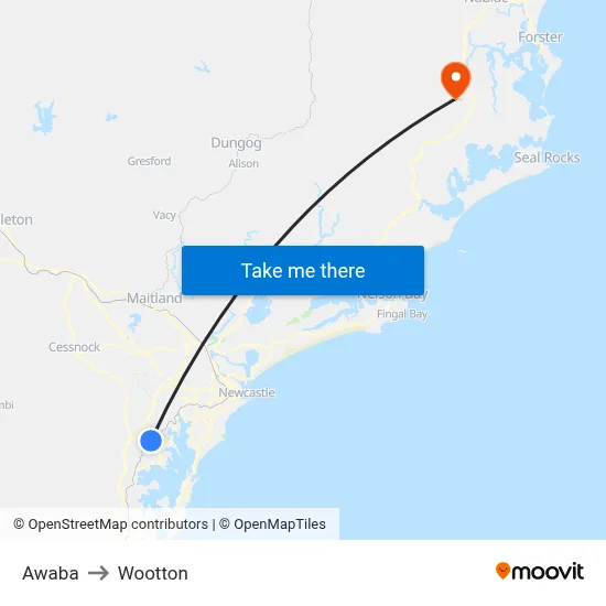 Awaba to Wootton map