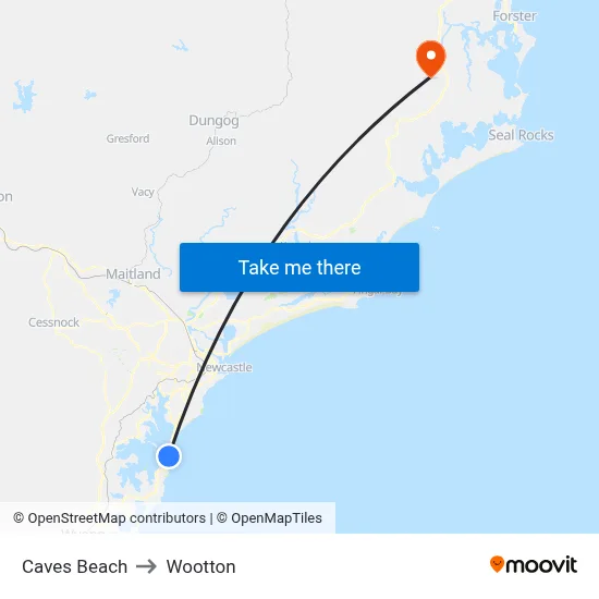 Caves Beach to Wootton map