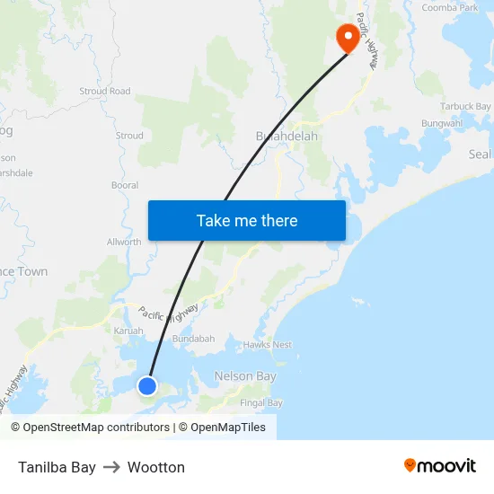 Tanilba Bay to Wootton map