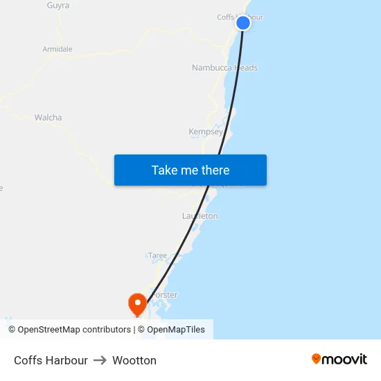 Coffs Harbour to Wootton map
