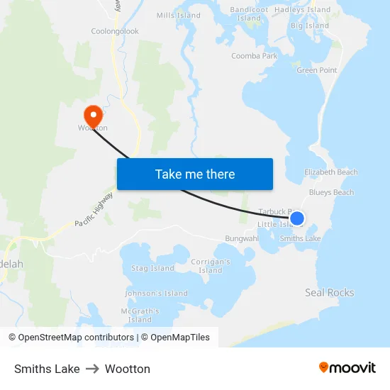Smiths Lake to Wootton map