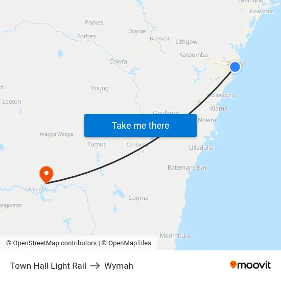 Town Hall Light Rail to Wymah map