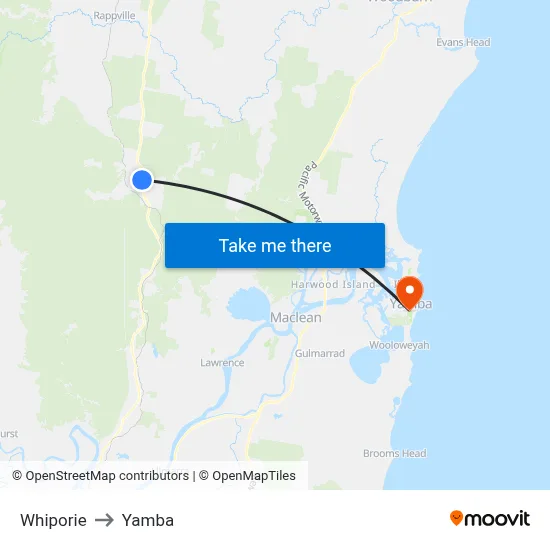Whiporie to Yamba map