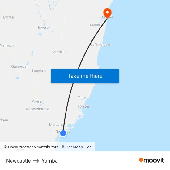 Newcastle to Yamba map