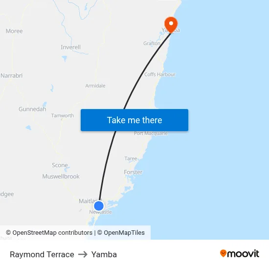 Raymond Terrace to Yamba map