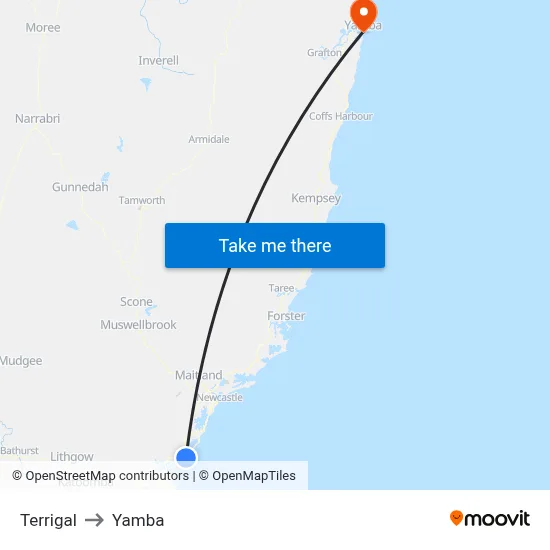 Terrigal to Yamba map