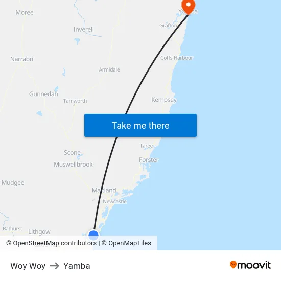 Woy Woy to Yamba map