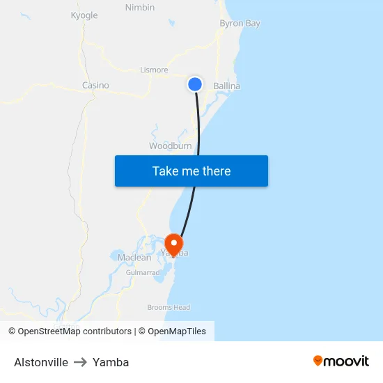 Alstonville to Yamba map
