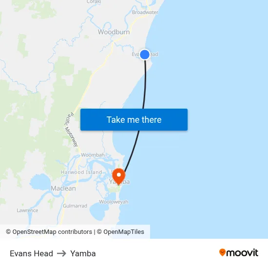 Evans Head to Yamba map