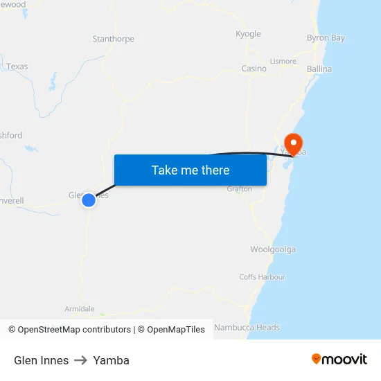 Glen Innes to Yamba map