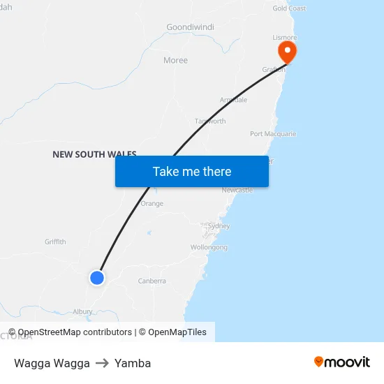 Wagga Wagga to Yamba map