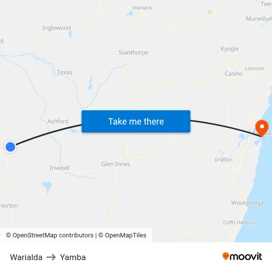 Warialda to Yamba map