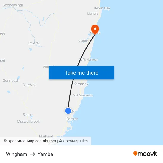 Wingham to Yamba map