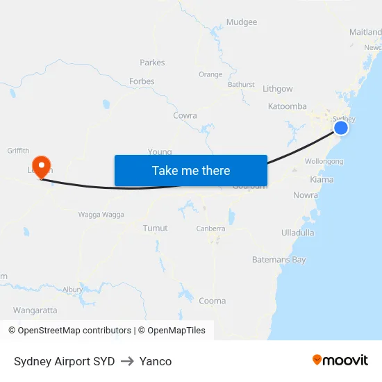 Sydney Airport SYD to Yanco map