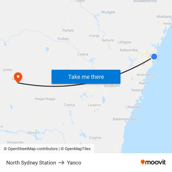 North Sydney Station to Yanco map