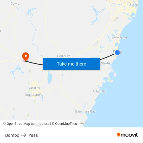 Bombo to Yass map