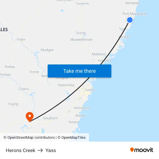 Herons Creek to Yass map