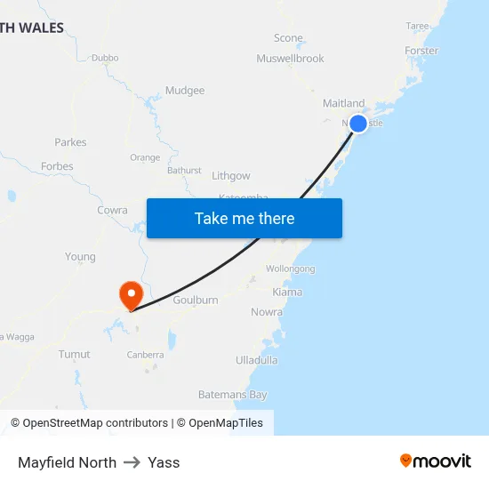 Mayfield North to Yass map