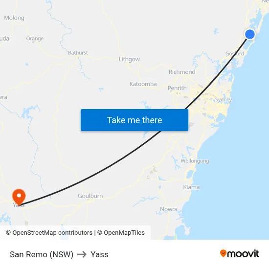 San Remo (NSW) to Yass map