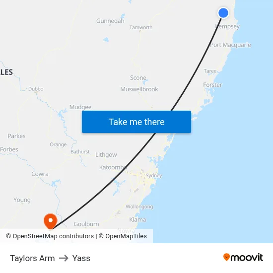 Taylors Arm to Yass map