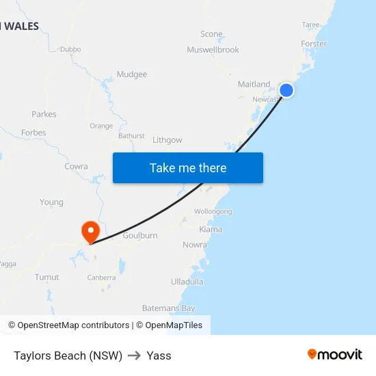 Taylors Beach (NSW) to Yass map