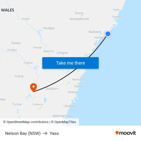 Nelson Bay (NSW) to Yass map