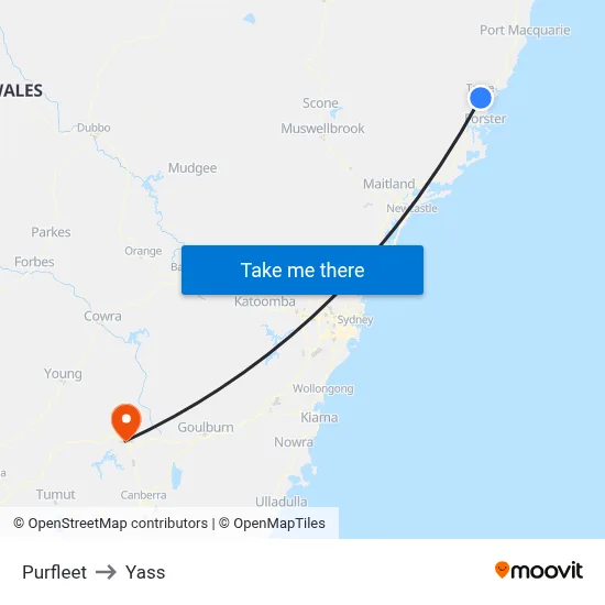 Purfleet to Yass map