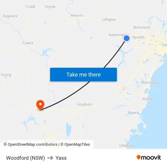 Woodford (NSW) to Yass map