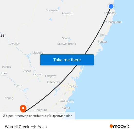 Warrell Creek to Yass map