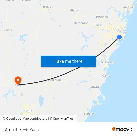 Arncliffe to Yass map