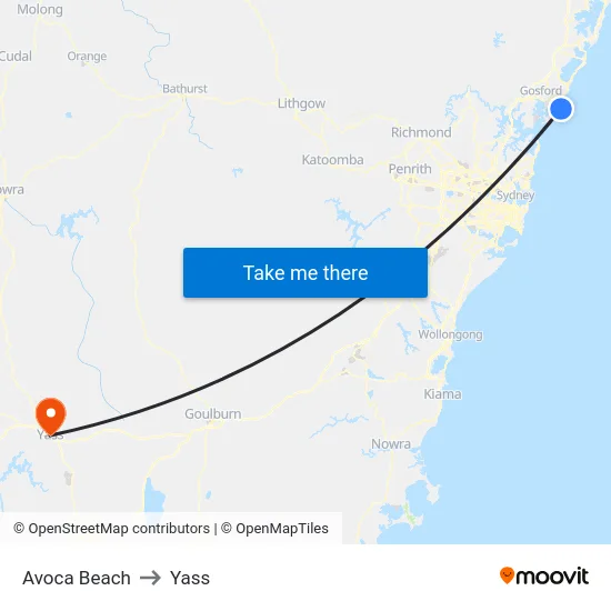 Avoca Beach to Yass map