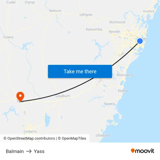 Balmain to Yass map