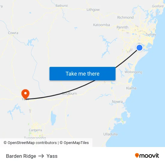 Barden Ridge to Yass map