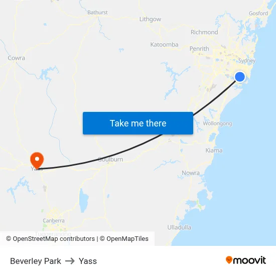 Beverley Park to Yass map