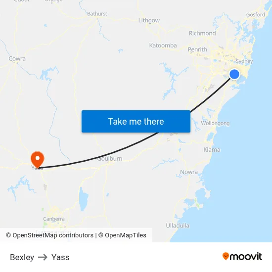 Bexley to Yass map