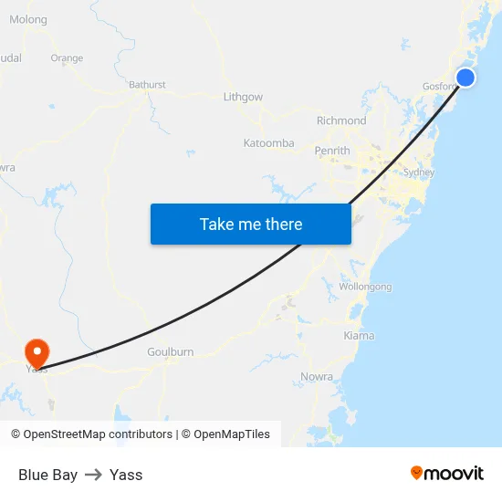 Blue Bay to Yass map