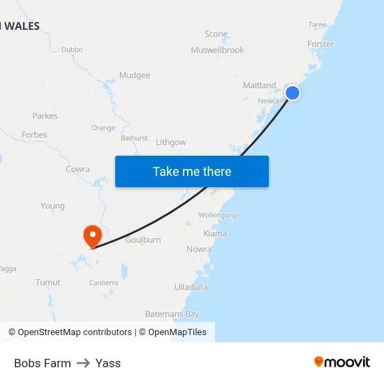 Bobs Farm to Yass map