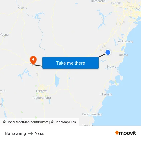 Burrawang to Yass map