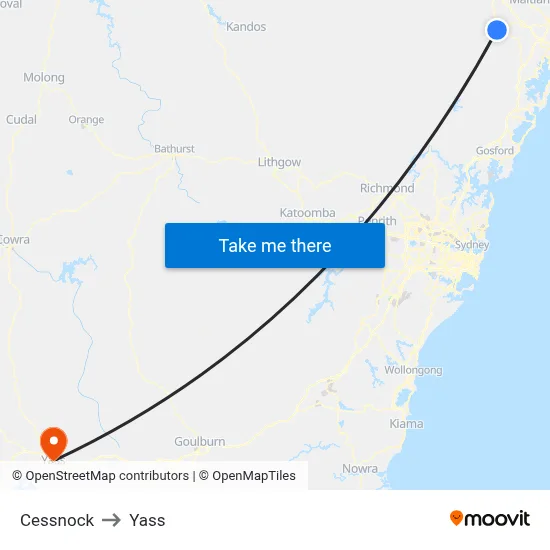 Cessnock to Yass map