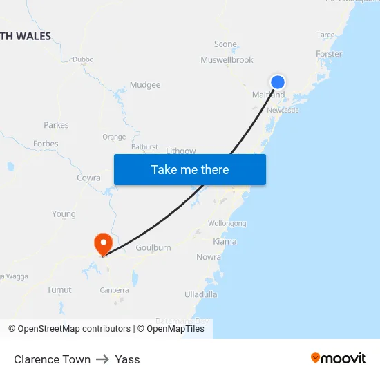 Clarence Town to Yass map