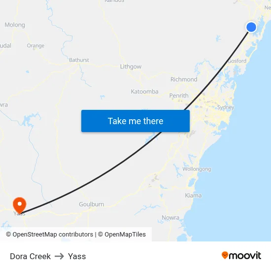 Dora Creek to Yass map