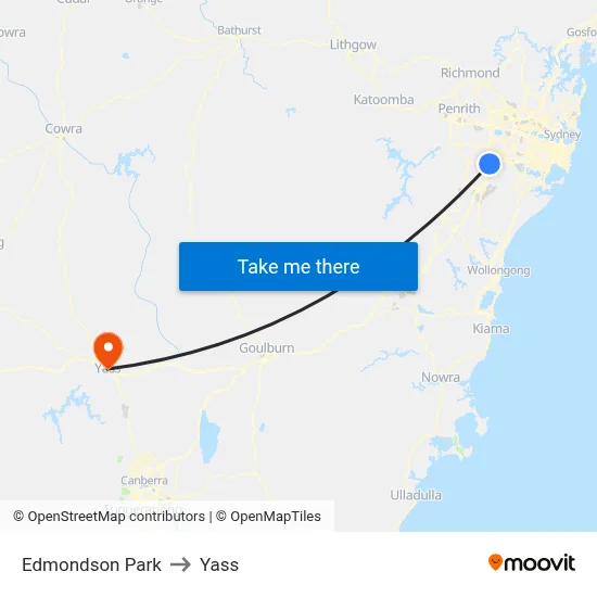 Edmondson Park to Yass map